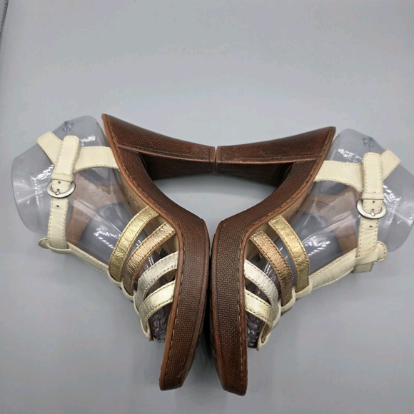 BORN Sandals Womens 9 Beige Mixed Metal Tones Leather Strappy Platform Heels - Picture 8 of 13